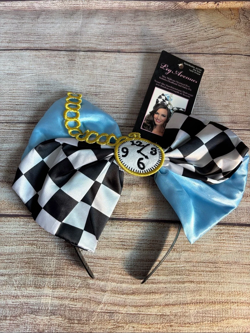 Leg Avenue Blue & Black Checkered Bow Headband with Pocket Watch Accent
